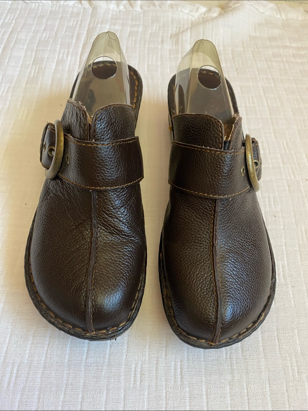 BOLO Leather Slip-On Clogs with Buckle Strap - Dark Brown